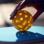 A close up of a person holding a yellow pickleball on their blue pickleball paddle. The sun is behind the paddle.