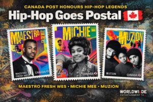 Feature image showing Canada Post stamps featuring Maestro Fresh Wes, Michie Mee, and Muzion celebrating Canadian hip-hop history