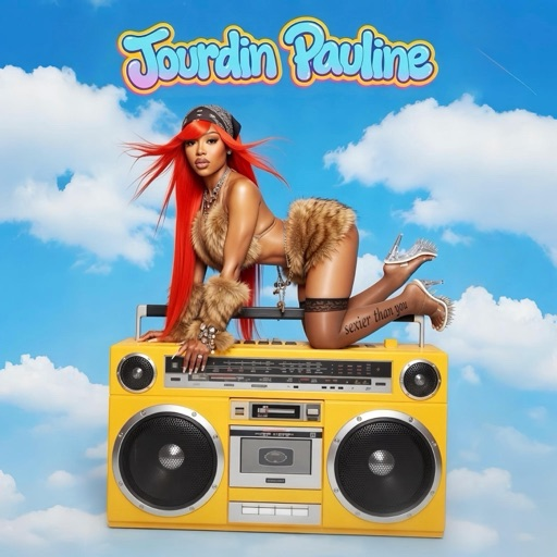 Jourdin Pauline posing on a retro yellow boombox promoting her single “Sexier Than You”